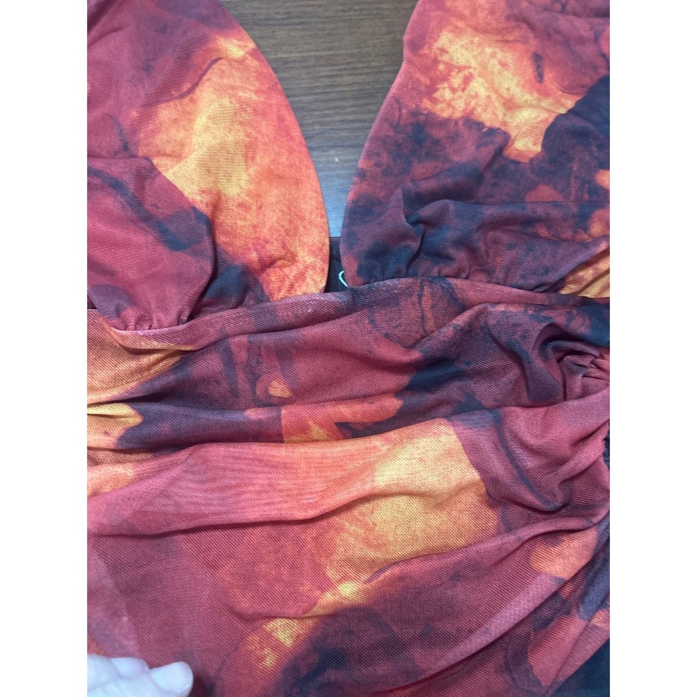 Windsor Halter Top Small Red Orange Abstract Ruched Tie Shoulder - Picture 5 of 8